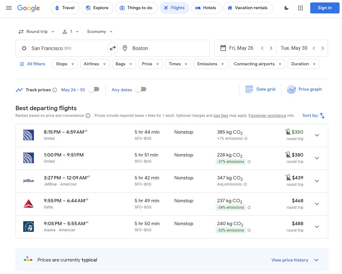 Google Flight Search Results
