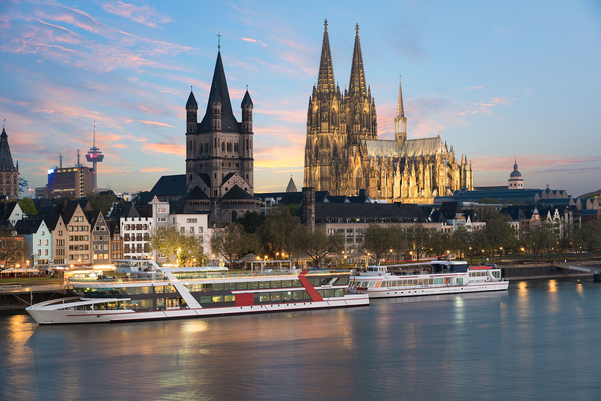 The Rhine River, Cologne with cruise ships.