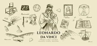 Leonardo da Vinci. Sketches, drawings and notes of great scientist, inventor, artist and anatomist. Cartoon linear vector collection isolated on background