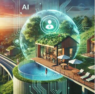 the integration of technology and eco-friendly travel trends, showcasing a vibrant and aspirational travel experience